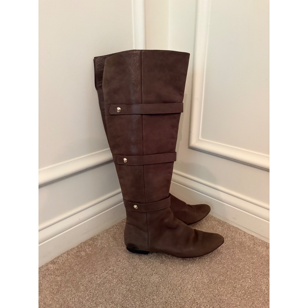 Isola Brown Leather Over The Knee Flat Riding Boots Triple Strap Gold Studs Sz 6